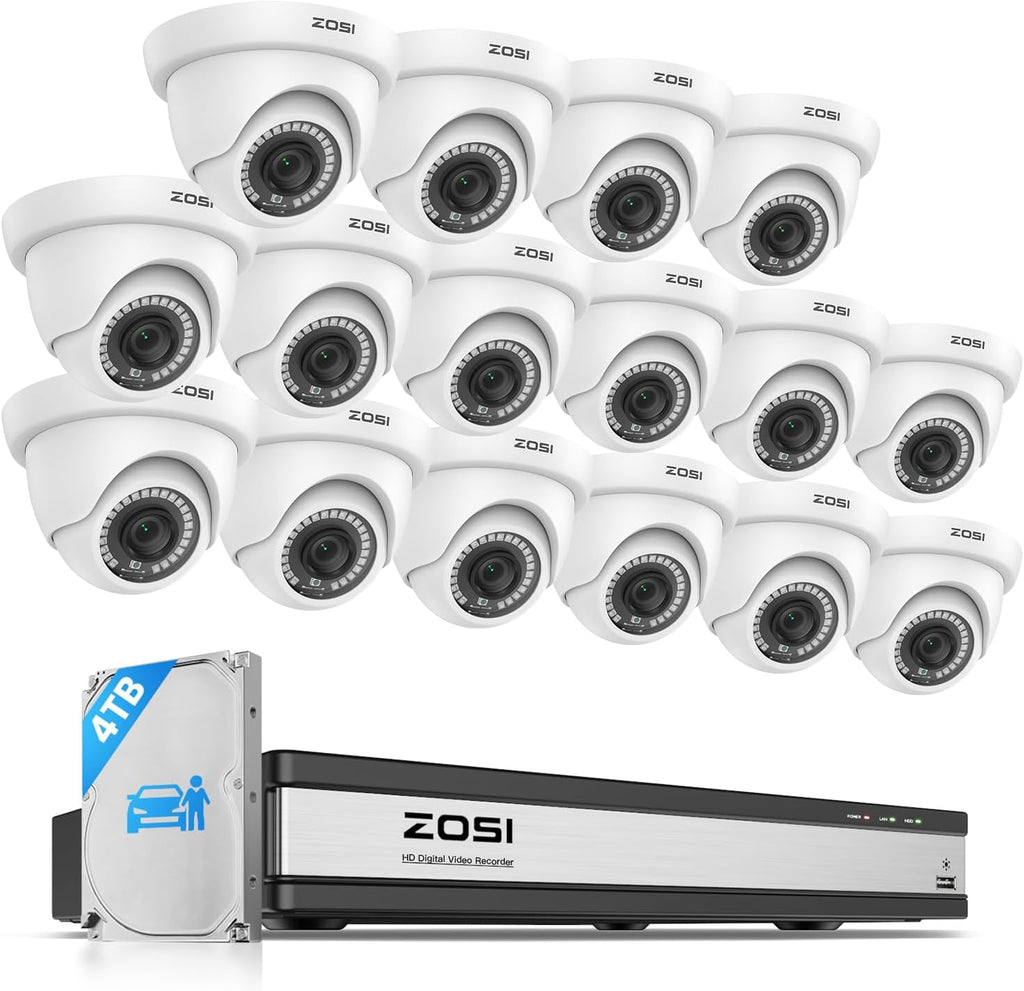 ZOSI H.265+ 1080p 16 Channel Security Camera System with AI Human Vehicle Detection, 16CH CCTV DVR and 16 x 1080p Indoor Outdoor Dome Camera, 80ft Night Vision, 105° View Angle, Alert Push, 4TB HDD