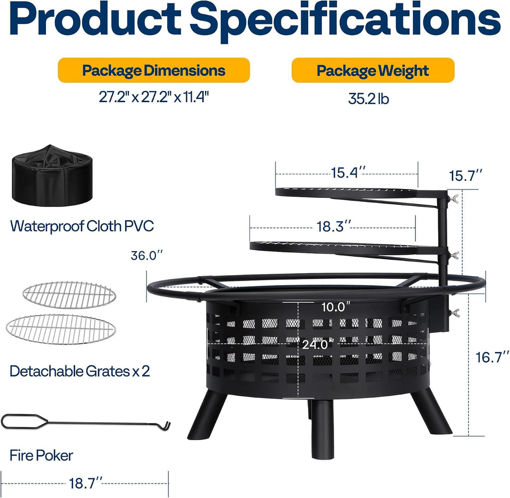 VIVOHOME 36-Inch Fire Pit with 2 Cooking Grill Grates, 2-in-1 Wood Burning Firepits with Spark Scrren & Waterproof Cover, Metal Grill for Backyard Bonfire BBQ Outdoor Camping Picnic