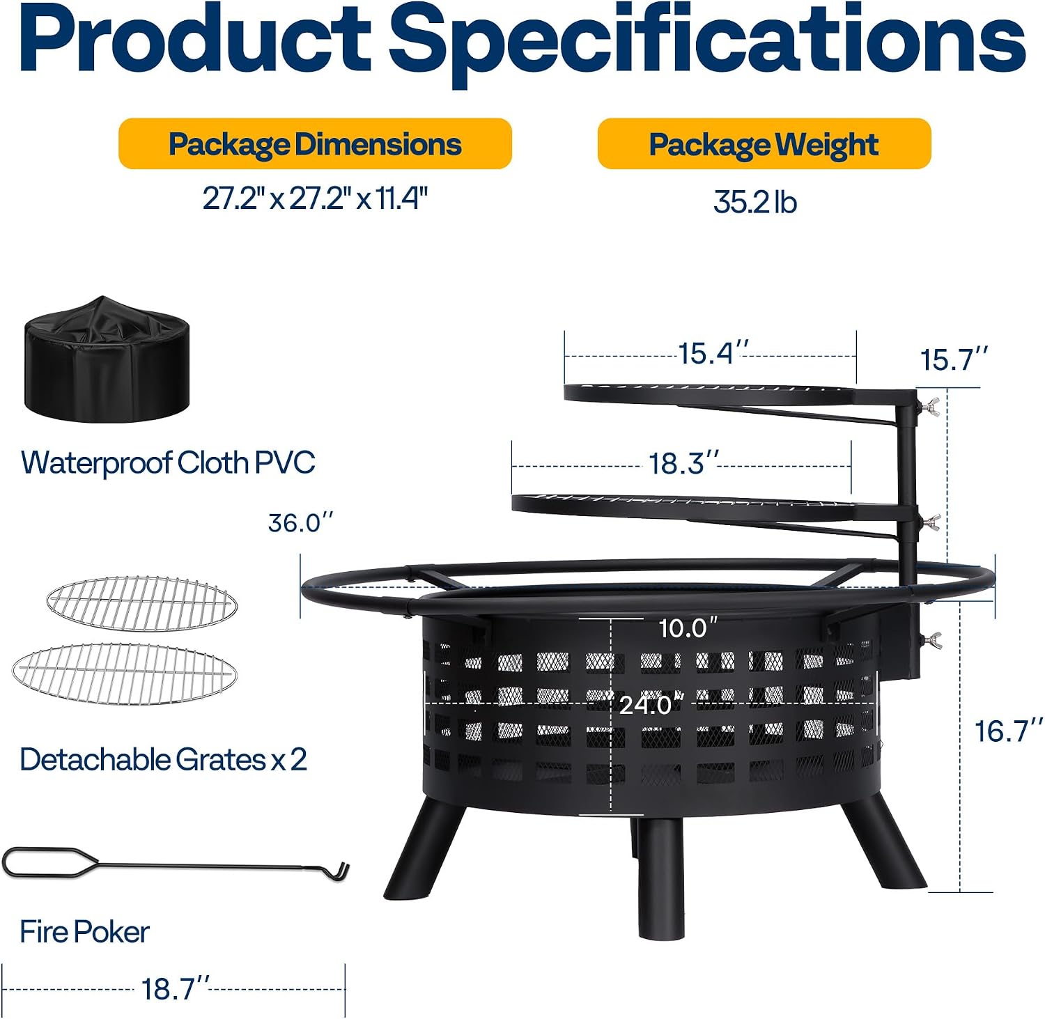 VIVOHOME 36-Inch Fire Pit with 2 Cooking Grill Grates, 2-in-1 Wood Burning Firepits with Spark Scrren & Waterproof Cover, Metal Grill for Backyard Bonfire BBQ Outdoor Camping Picnic