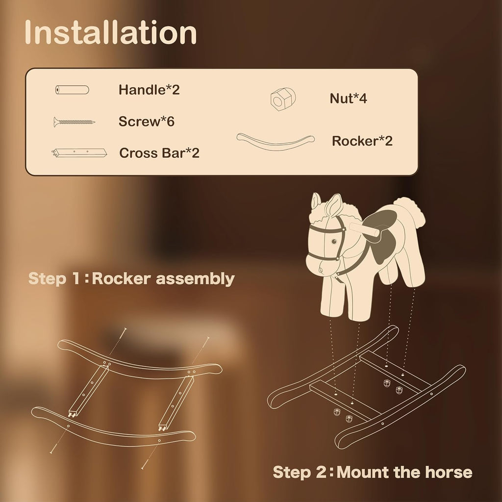 Rock My Baby Rocking Horse, Gray Wooden Rocking Toy, Rocking Animals for Children 2-6 Years Old, Ride on Pony with Realistic Sound, CPC Certified