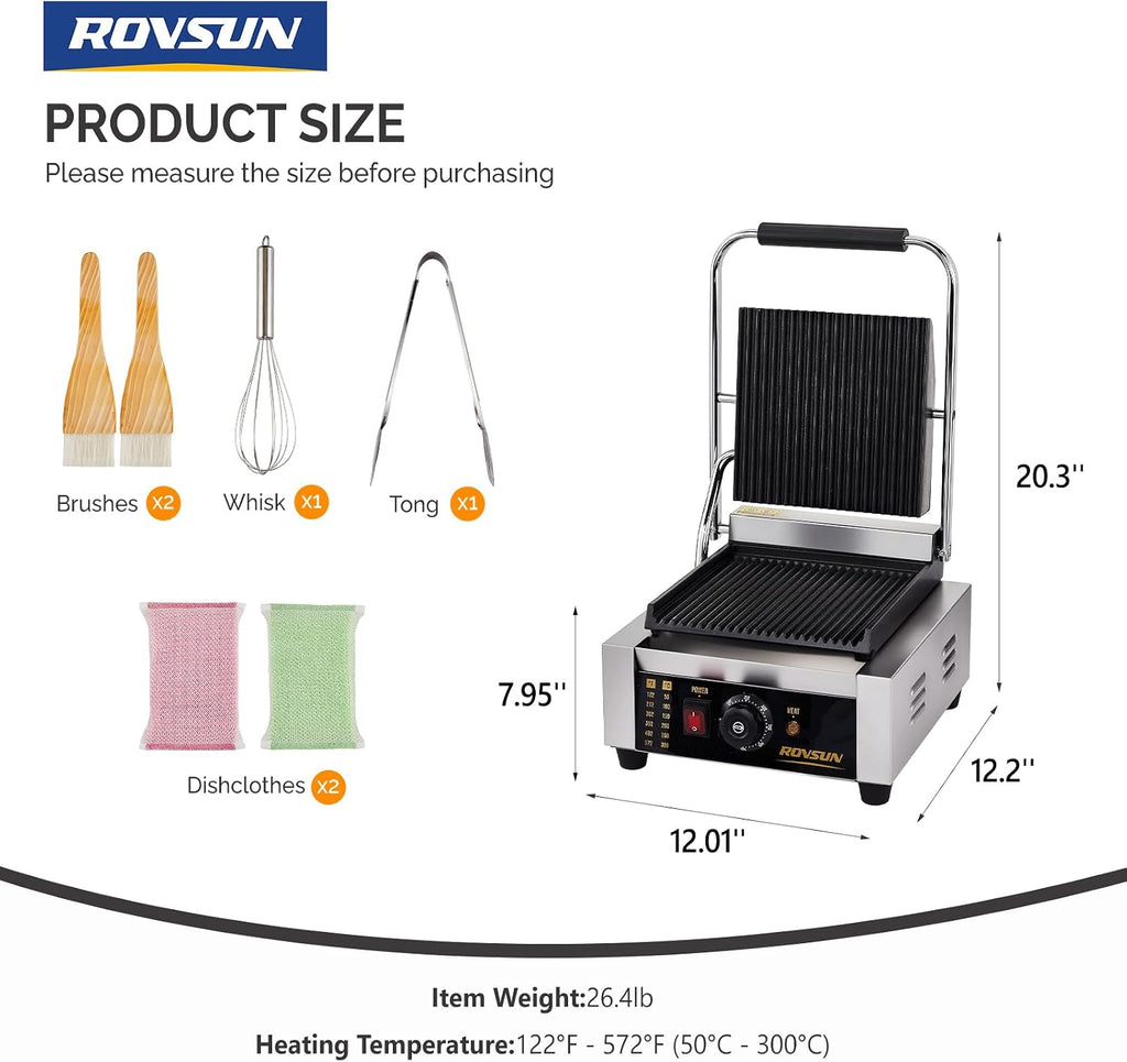 ROVSUN 811 Commercial Panini Press Grill, 1800W Stainless Steel Electric Countertop Sandwich Maker with Adjustable Temp 122°F–572°F, For Steak, Burgers, Home & Restaurant Use, 110V, Silver