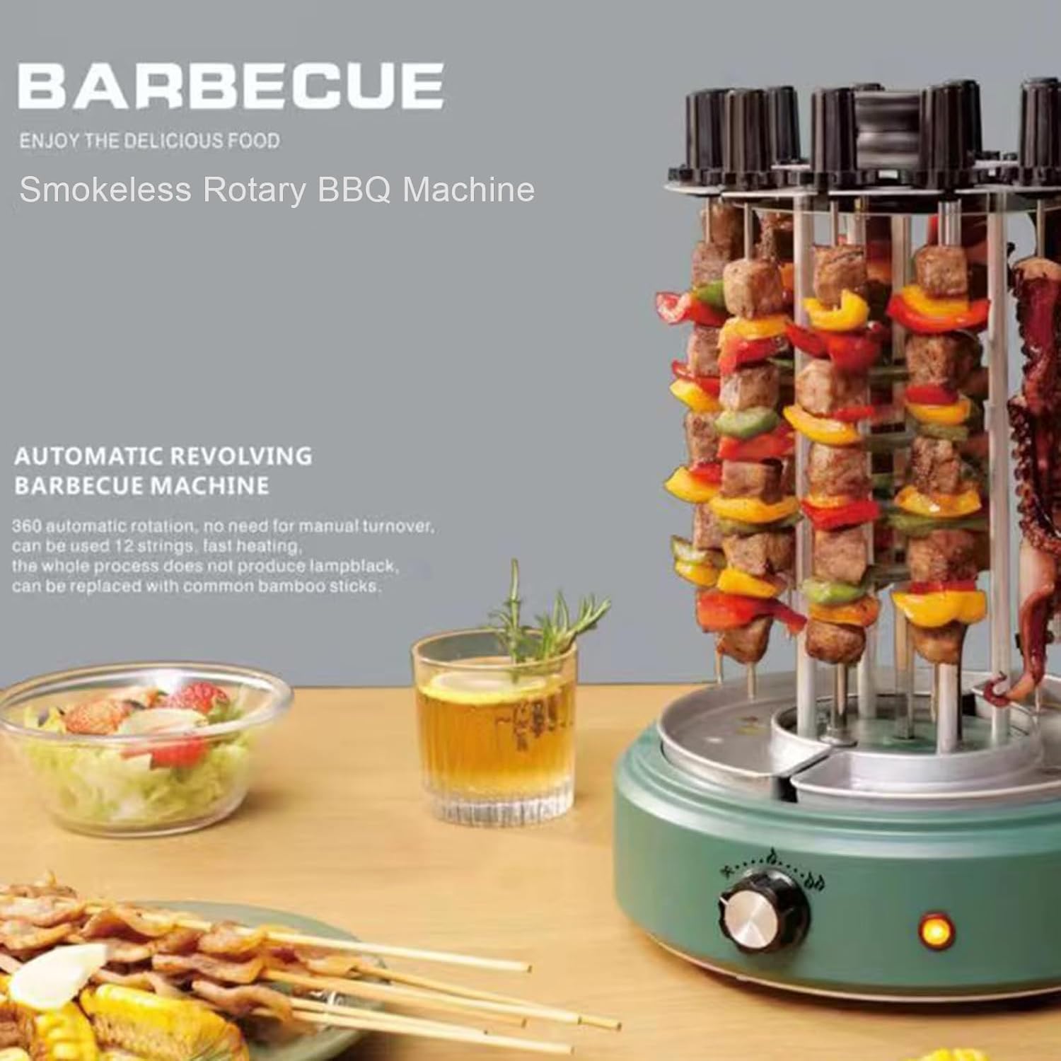 Electric Vertical Grill, Portable Smokeless Barbecue Grill with Adjustable Temperature for Home and Outdoor Parties, 12 Skewers