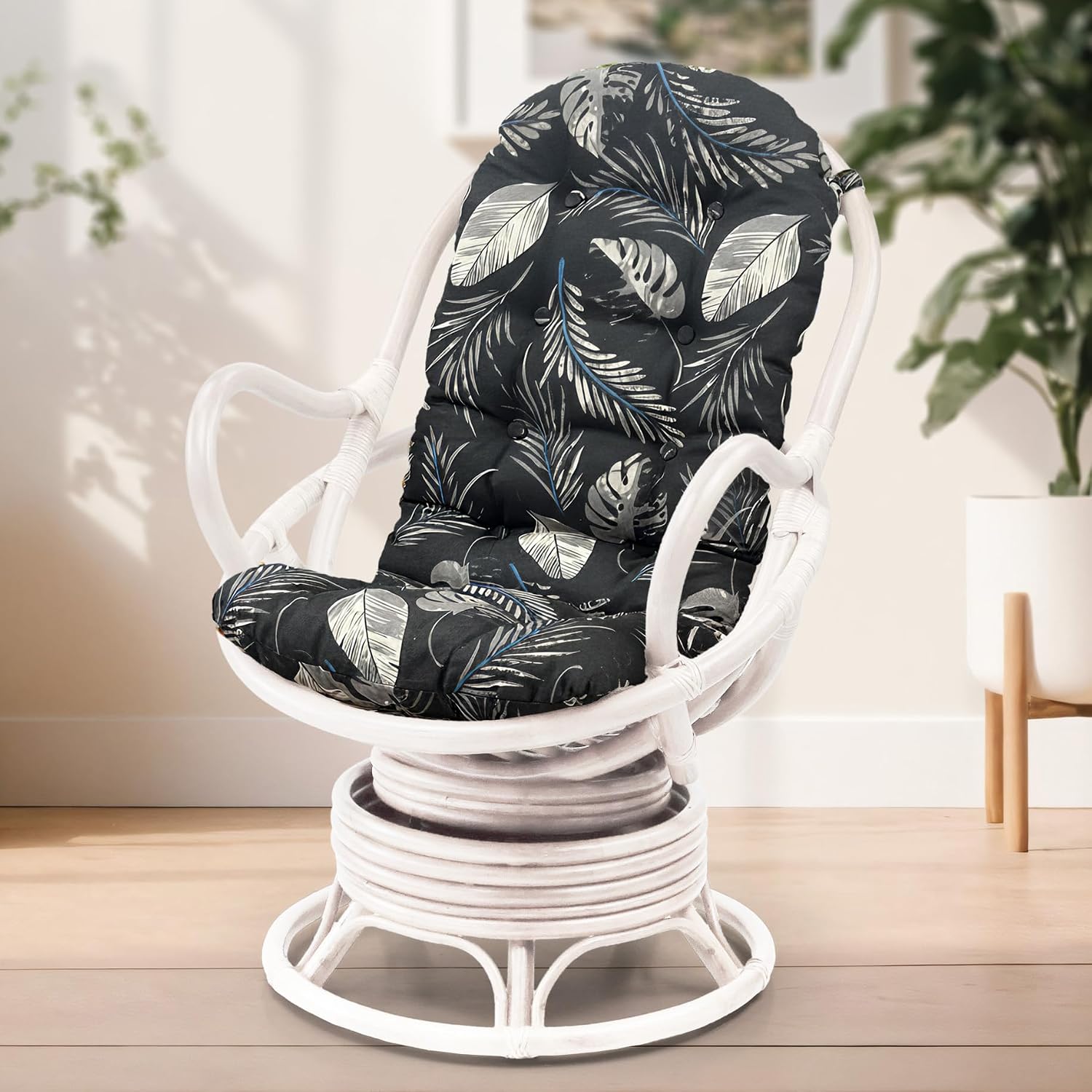 Java Lounge Swivel Rocking Chair with Black Leaf Cushion Natural Rattan Wicker Handmade, White Color