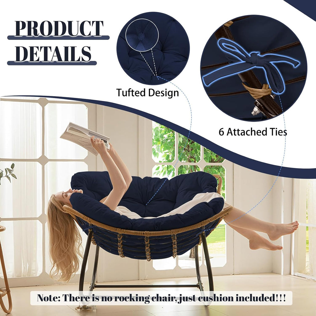 Outdoor Rocking Chair Cushions Replacement, 6''Thick Waterproof & Fade Resistant Papasan Chair Cushion with 6 Straps,Tufted Egg Chair Cushion for Indoor & Outdoor (Navy Blue)