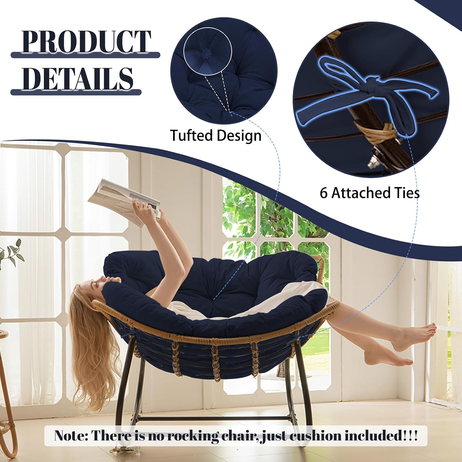 Outdoor Rocking Chair Cushions Replacement, 6''Thick Waterproof & Fade Resistant Papasan Chair Cushion with 6 Straps,Tufted Egg Chair Cushion for Indoor & Outdoor (Navy Blue)