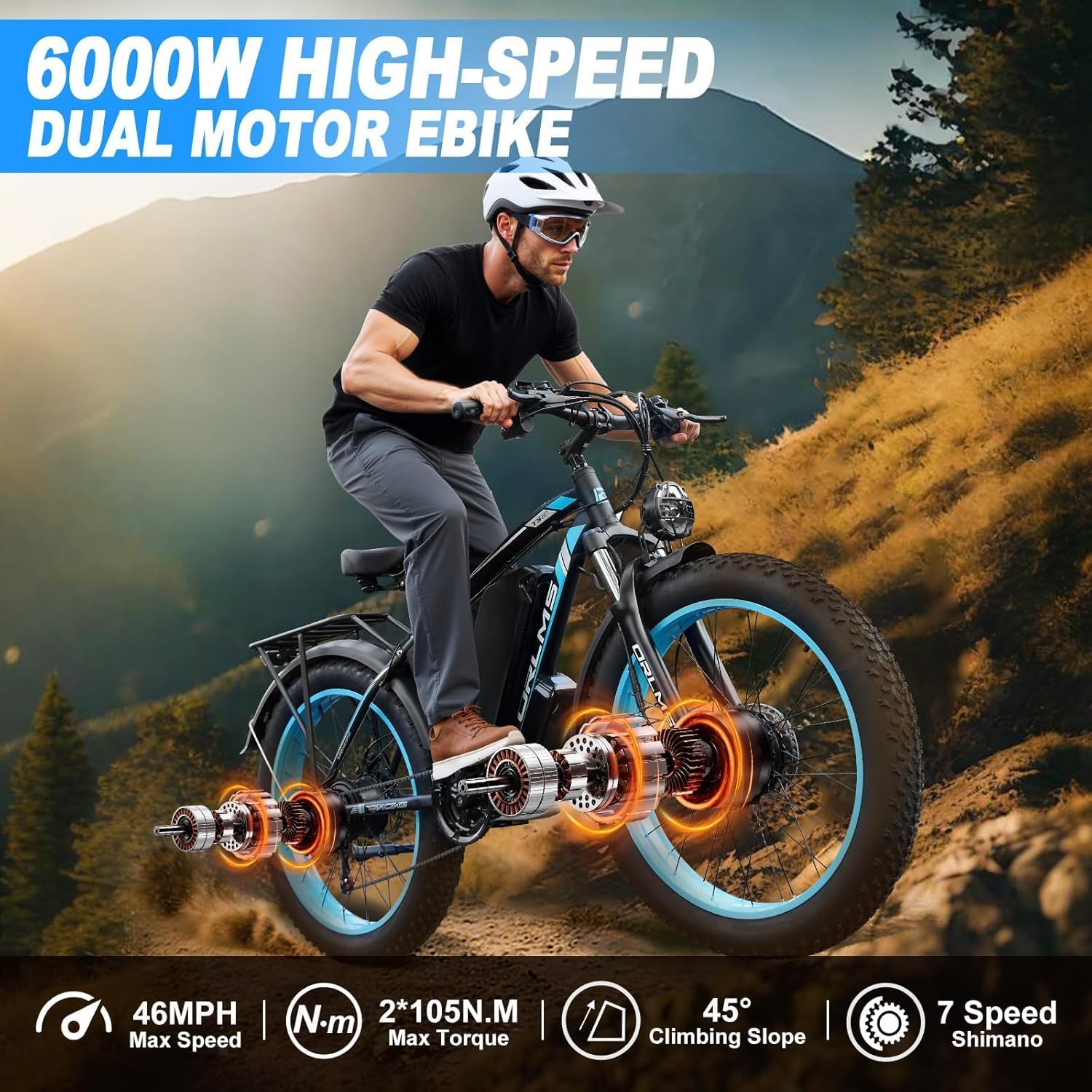Dual Motor Electric Bike for Adults,6000W Peak,45MPH,60V&52V/25Ah Battery,26''&24'' Fat Tire,Up to 110 Miles Range,SHM 7-Speed Gear Ebike