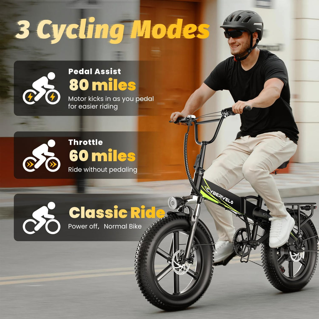 Cybervelo 750W Folding Electric Bike, 48V 20.8AH/50AH Large Removable Battery E-Bike, 80 Miles Max Range, 20' Fat Tire Electric Bike for Adults, Adult Electric Bicycles for Commute