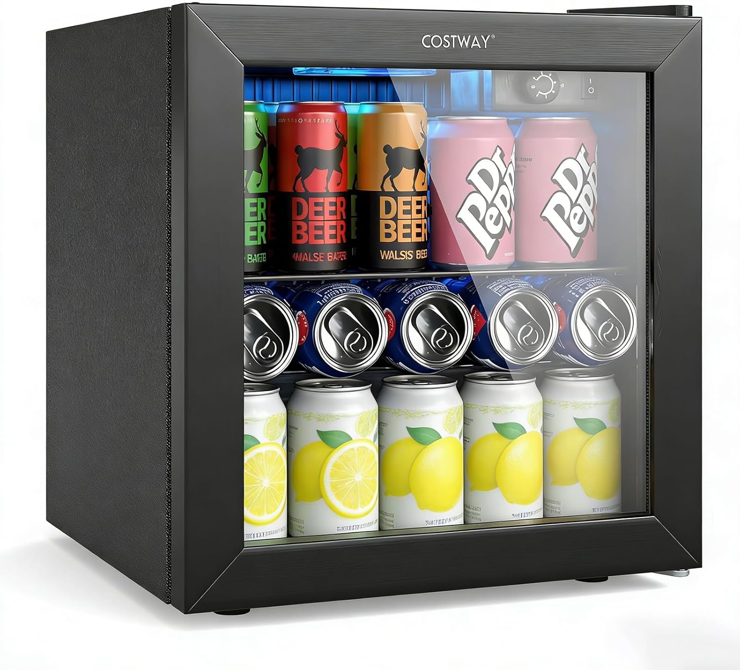 COSTWAY Beverage Refrigerator Cooler, 1.3 Cu. Ft. 12 Bottles 55 Cans Mini Fridge with Tempered Glass Door, Removable Shelf & Adjustable Temperatures, Compact Drink Cooler for Wine, Beer & Soda