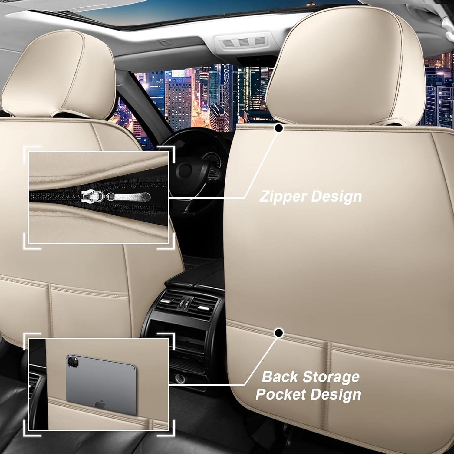 Car Seat Cover Full Set for Kia Sorento Seat Covers 2003-2025, Nappa Leather Waterproof Seat Covers for Cars, Airbag Compatible, Universal Automotive Seat Covers(Standard Front Row/Beige)