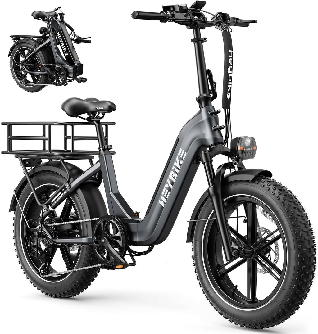 Heybike Ranger Foldable Electric Bike for Adults, 1200W/1800W Peak Motor, 28/32MPH E Bike, 55/90 Miles Range, 20'x4.0' Fat Tire Ebike with Removable Battery, Hydraulic Brakes for Snow, Beach,Commuting