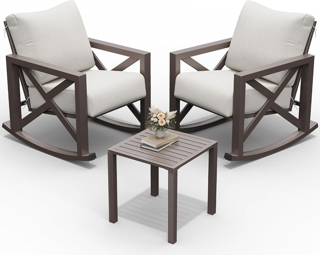 UDPATIO Rocking Chair Outdoor Set 2 with Coffee Table, 3 Piece Metal Rocking Bistro Set with 6.5' Water-Resistant Cushions, Oversized, 350lbs Heavy-Duty, for Porch, Patio, Balcony, Beige