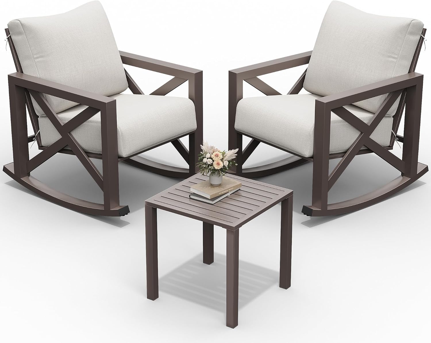UDPATIO Rocking Chair Outdoor Set 2 with Coffee Table, 3 Piece Metal Rocking Bistro Set with 6.5' Water-Resistant Cushions, Oversized, 350lbs Heavy-Duty, for Porch, Patio, Balcony, Beige