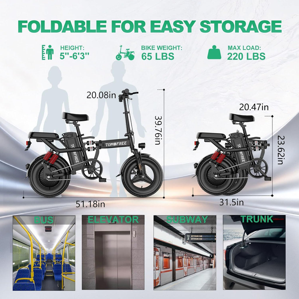 Tomofree Folding Electric Bike for Adults 20MPH Peak 750W EBike, 48V 20AH Removable Battery for Electric Bicycles,35-75Miles PAS Range, 10 Shock Absorbers, 14'' Fat Tire Foldable E-Bike, PAS E Bike