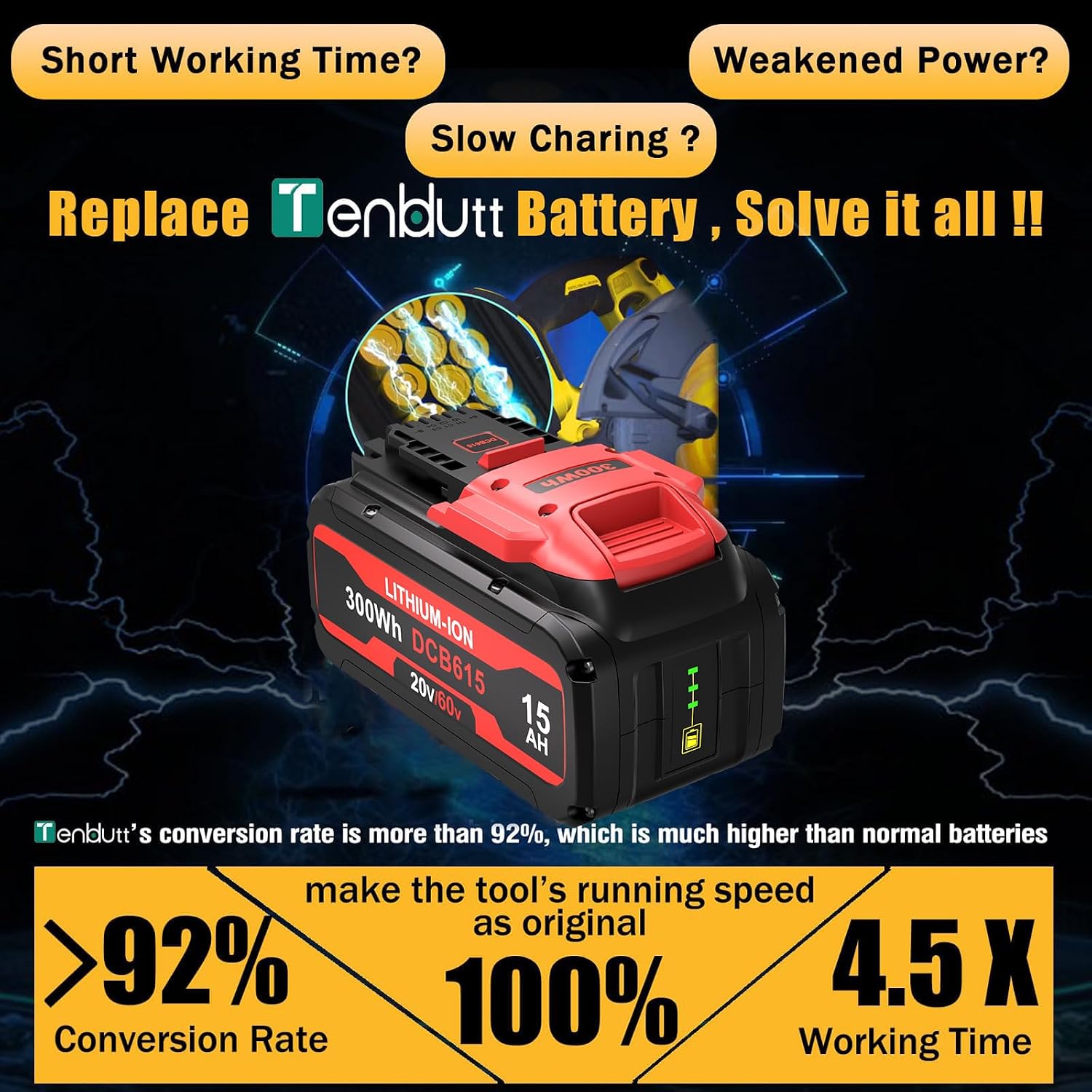 15.0Ah Replace for Dewalt Flex-volt 20v/60v Max Battery DCB615 DCB612 DCB609 DCB606, Compatible with Dewalt 20V and 60V MAX Cordless Power Tool & Chargers DCB101 DCB115 DCB1104 DCB1106 DCB118 DCB1112