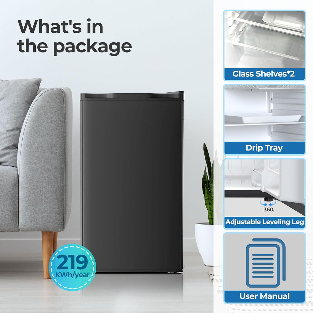 Electactic 3.2 Cu.ft Mini Fridge with Freezer, Compact Refrigerator with Reversible Single Door, Adjustable Thermostat, Low Noise, Energy Efficient for Office, Dorm, Bedroom, Apartment (Black)