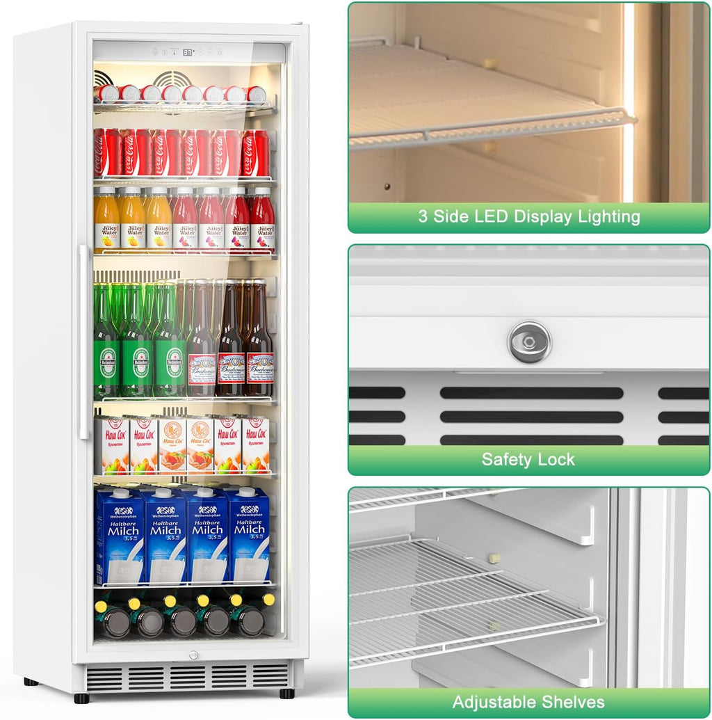 Velivi Commercial Merchandiser Refrigerator, 13.8 Cu Ft Display Beverage Fridge with Glass Door Upright Cooler with LED Light Low Noise, Fast Cooling for Shop, Restaurant, Office (White)
