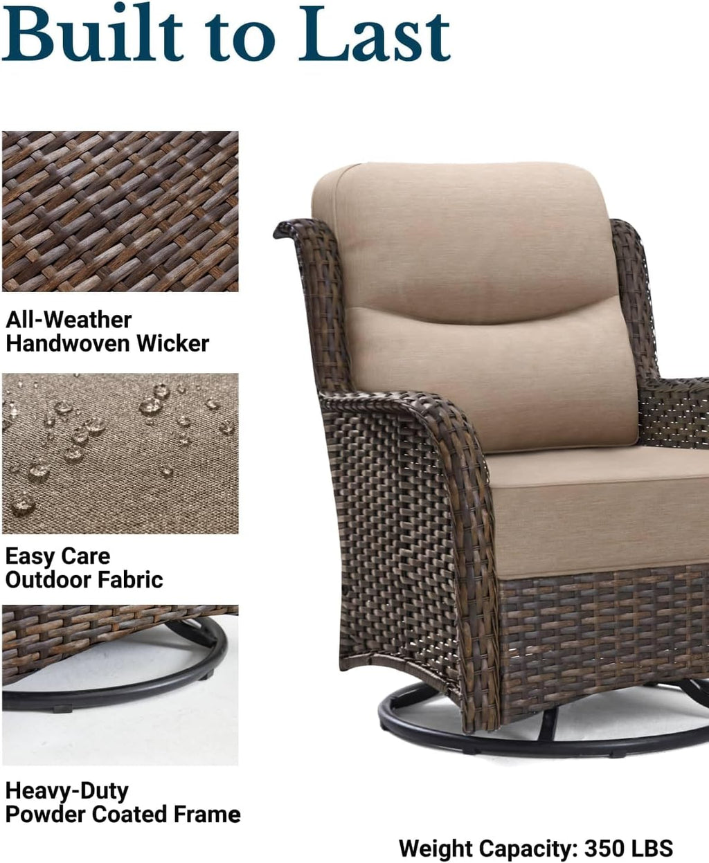 HILLGA Luxury Outdoor Swivel Rocker Patio Chairs of 2 with 6 Inch Thick Cushions and Side Table, Swivel Outdoor Chairs 5PCS High Back Wicker Patio Furniture Set for Porch, Balcony, Deck in Beige