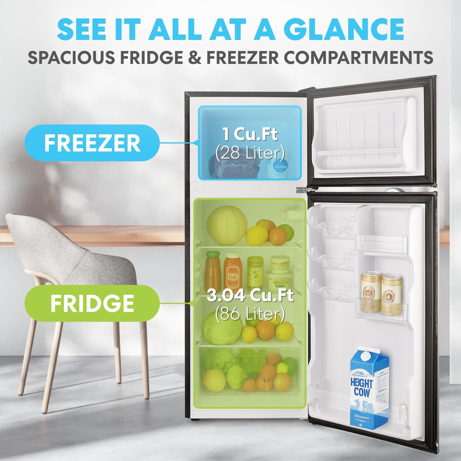 Simpli-Magic 4.0 Cu.Ft. Mini Fridge with Freezer – Compact Double Door Refrigerator for Dorm, Office, Bedroom – Adjustable Thermostat, Energy Efficient, Stainless Steel