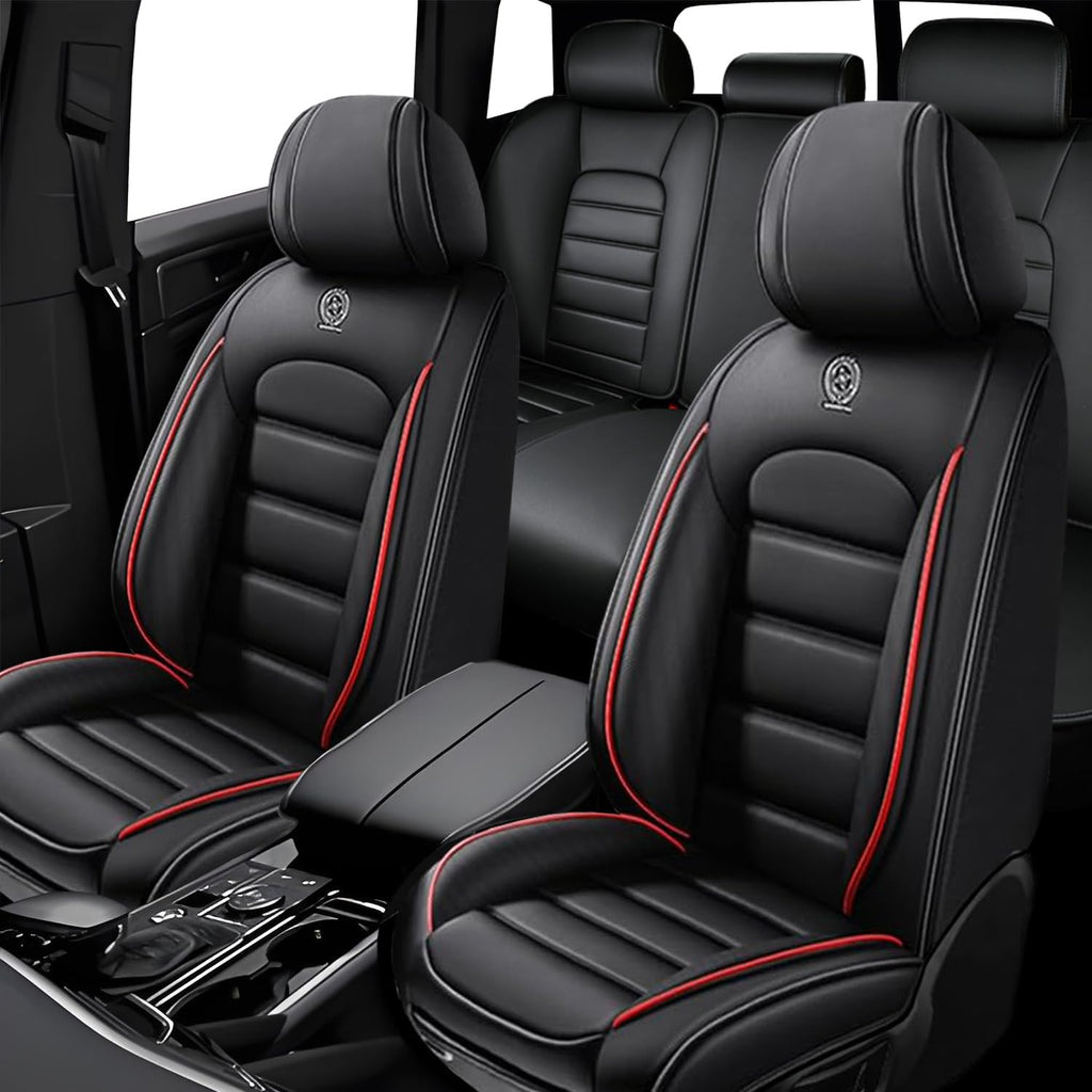 5 Seat Covers for Subaru Outback 2000-2024 Leather Car Seat Covers Waterproof Anti-Slip Soft Car Seat Protectors Comfort Automotive Seat Covers with Airbag（Standard,Black+Red Bars）