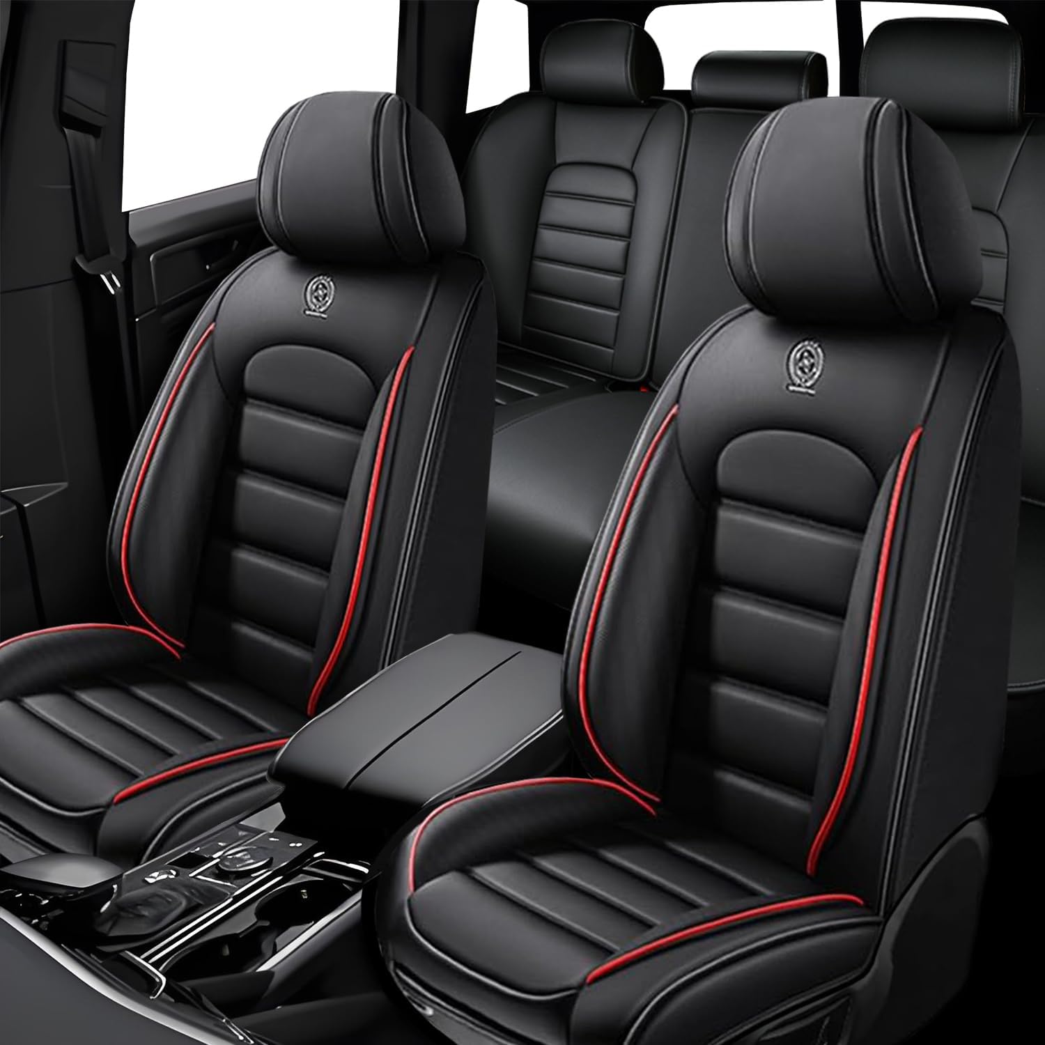 5 Seat Covers for Subaru Outback 2000-2024 Leather Car Seat Covers Waterproof Anti-Slip Soft Car Seat Protectors Comfort Automotive Seat Covers with Airbag（Standard,Black+Red Bars）
