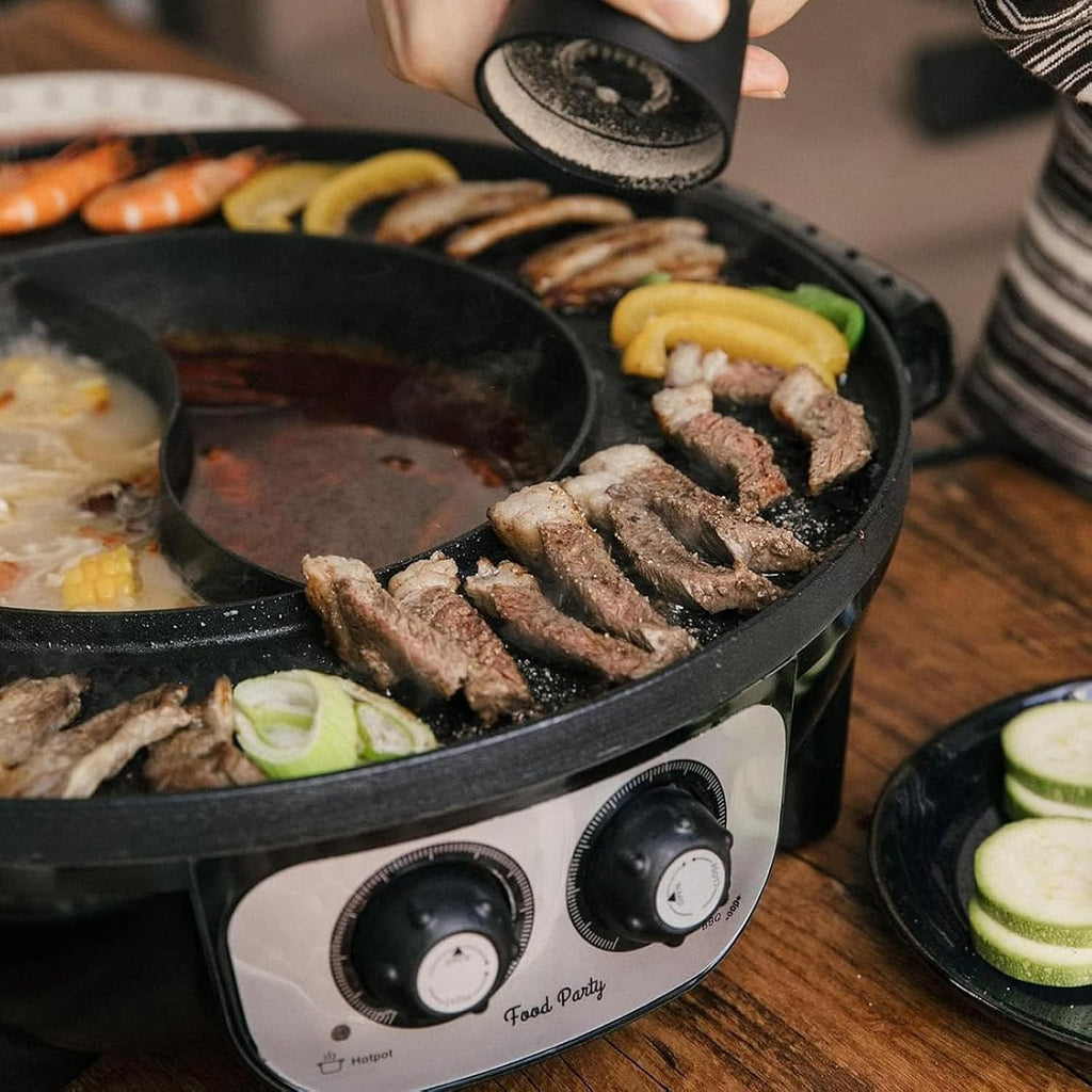 Large Household Electric Hot Pot with Grill, Soup Pot and Korean BBQ, Non-stick Coating, Easy to Clean, For 7-10 People to Enjoy, 2200 W