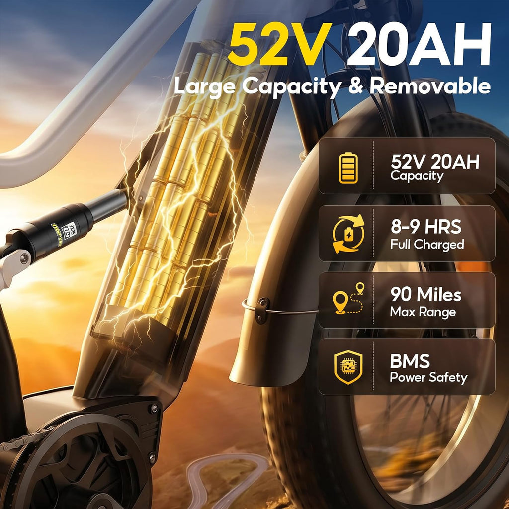 Dual Motor Electric Bike 4000W Peak, 52V 20AH Removable Battery, 24' x 4.0' Fat Tire, 40MPH Full Suspension Dual Hydraulic Brakes Adult E-Bike with Adjustable Stem & Extra Large Thick Seat