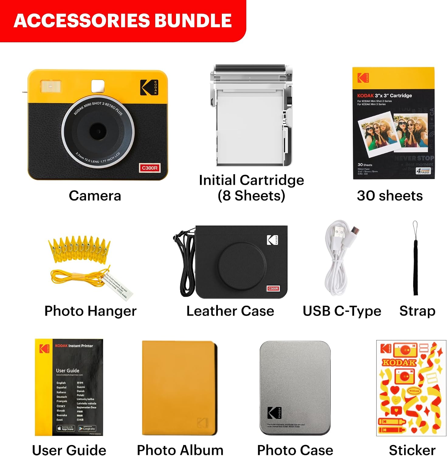 KODAK Mini Shot 3 Retro 4PASS 2-in-1 Instant Digital Camera and Photo Printer (3x3 inches) Initial 8 Sheets + 30 Sheets Gift Bundle, White (NOT Zink)