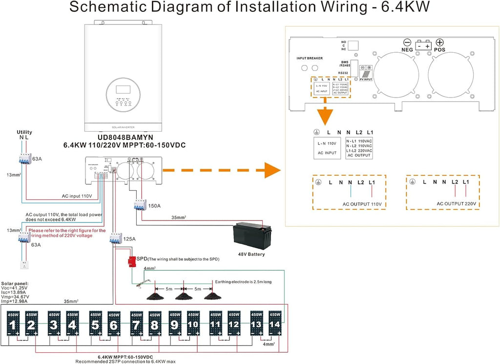VEVOR 6400W 48V Hybrid Solar Inverter, 120V/240V Split Phase, Built-in 120A MPPT Solar Charge Controller, Low Frequency Pure Sine Wave Power Inverter, for Lead Acid Lithium Battery Off-Grid, NO WiFi