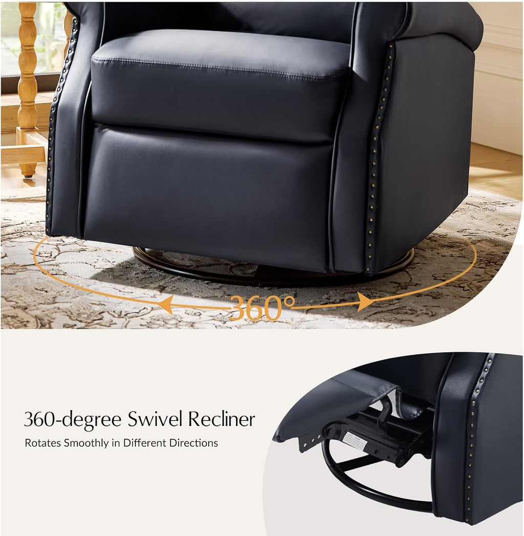 HULALA HOME Faux Leather Swivel Rocker Recliners Set of 2 with Adjustable Backrest and Footrest, Push Back Recliner Chairs with Nailhead Trim, Swivel Glider Rocking Chairs for Living Room, Navy