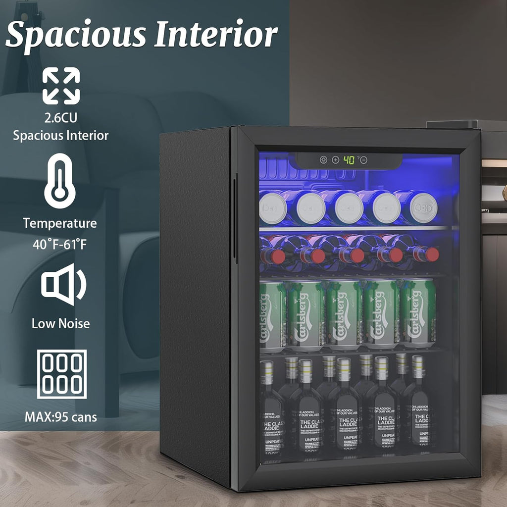 95 Can Mini Fridge - 2.6 Cu.Ft Beverage Refrigerator with Reversible Glass Door for Soda Wine Beer, Adjustable Temperature Control for Home Office Bar, Black(40-61 ℉)