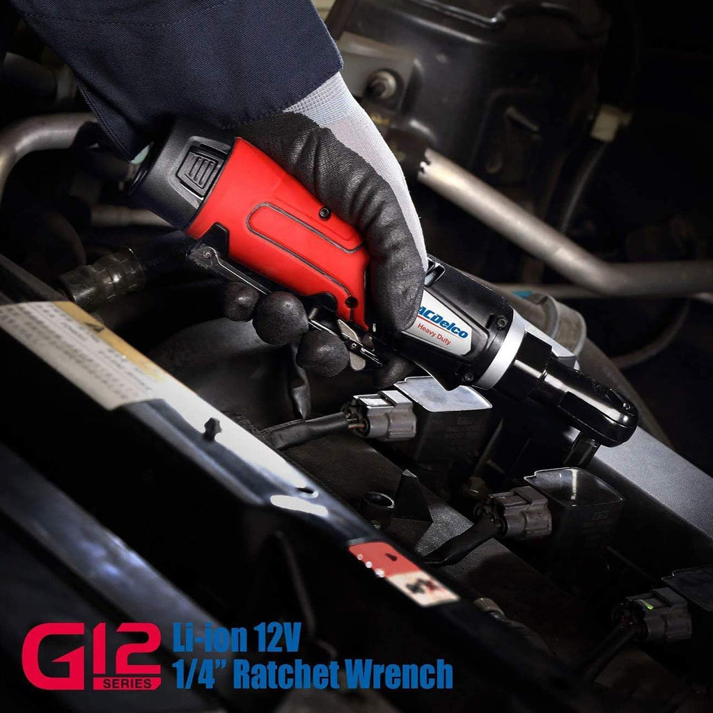 ACDelco G12 Series 12V Cordless Ratchet Combo Kit, 3/8' (45 ft-lbs) & 1/4' (30 ft-lbs), Electric Ratchet Wrench with (1) Li-ion Battery and Charger, 240 RPM, 2-Tool Set with Canvas Bag, ARW1209-K9