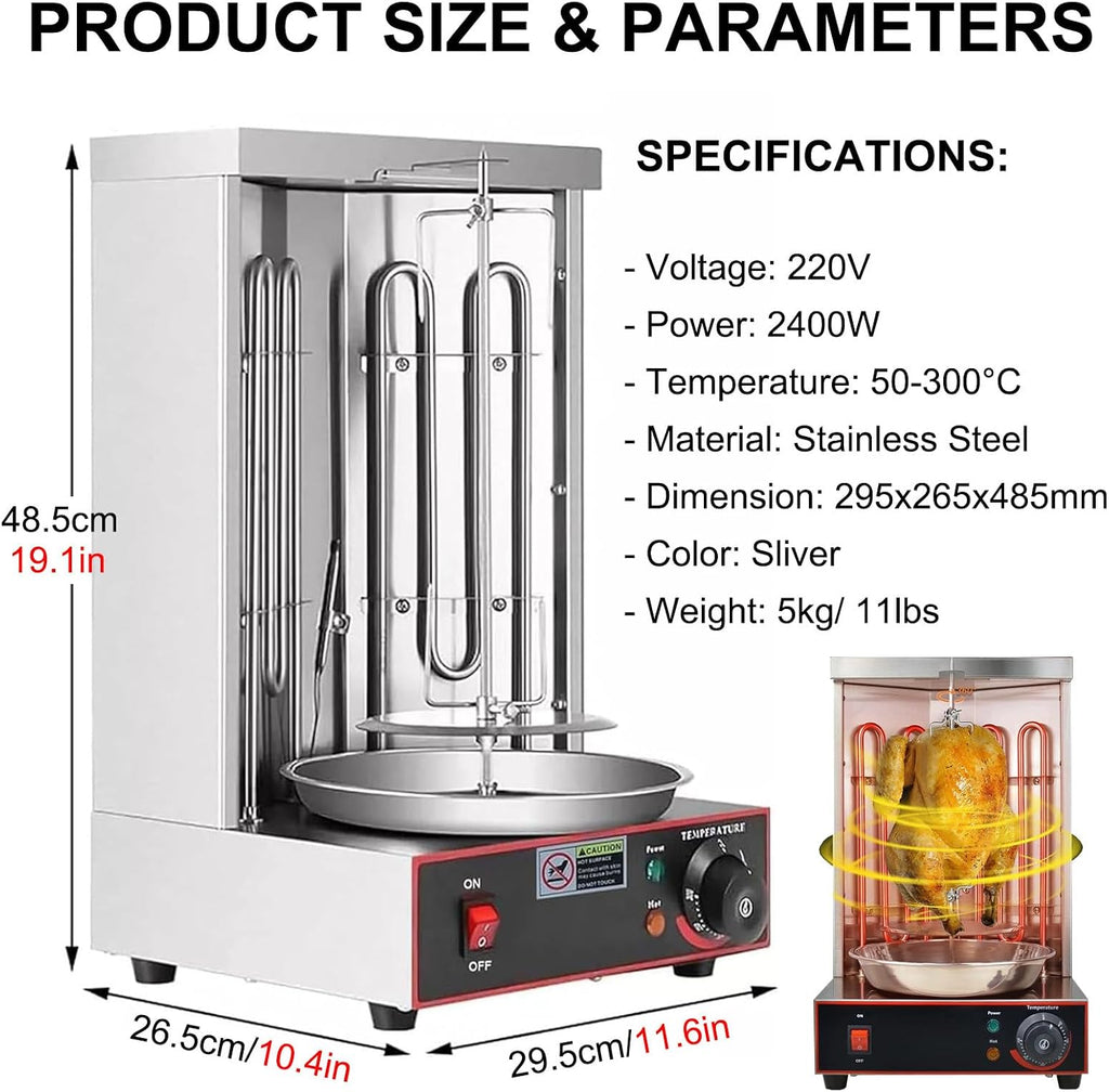 2400W Electric Shawarma Grill Machine, Vertical Rotisserie & Doner Kebab Maker, Stainless Steel Rotating Oven, Adjustable Temperature 50-300℃, Perfect for Home & Restaurant Use