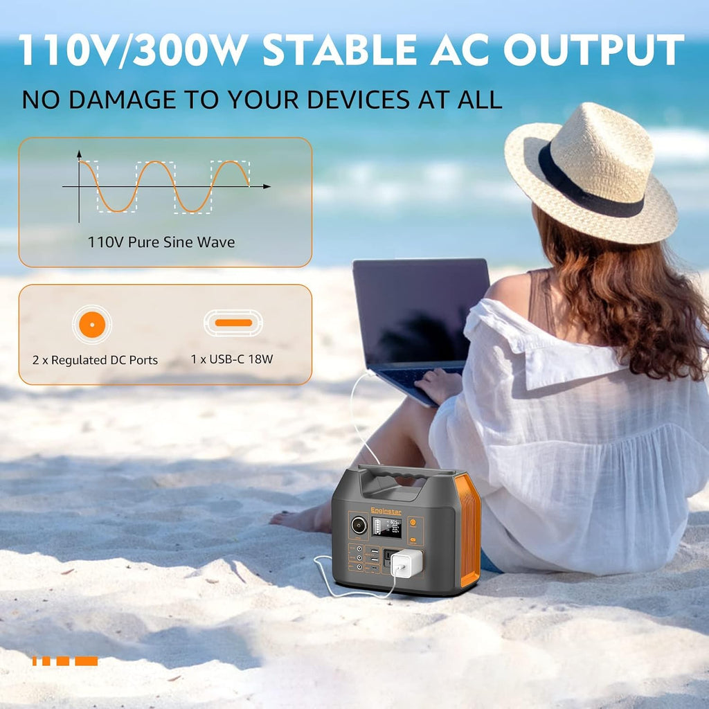 EnginStar Portable Power Station, 300W 296Wh Battery Bank with 110V Pure Sine Wave AC Outlet,100W Foldable Solar Panel Charger with 18V DC Outlet for Portable Power Stations