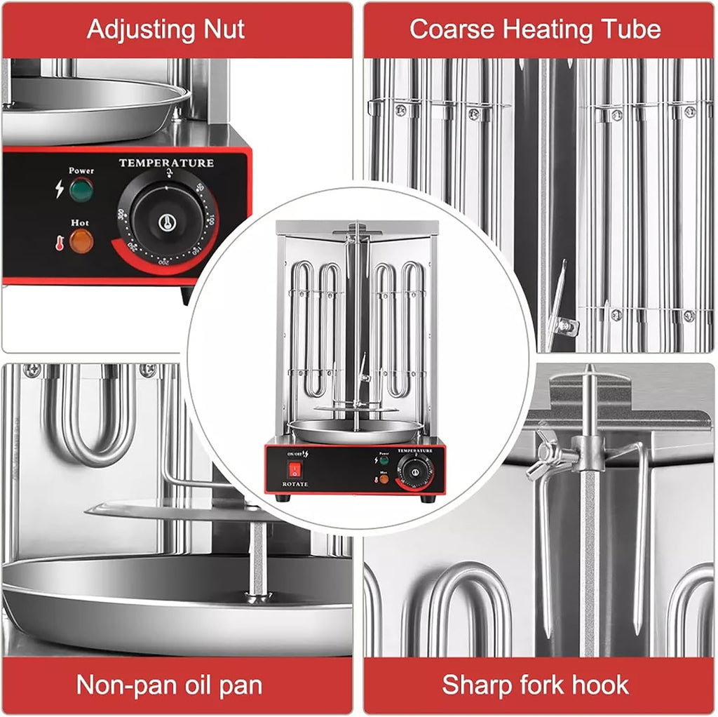 Electric Rotating Vertical Rotisserie Grill, 360 ° Rotating Rotisserie Grill with Meat Catch Pan, 50-300℃ Adjustable Temperature, for Restaurant Dinner Home Kitchen