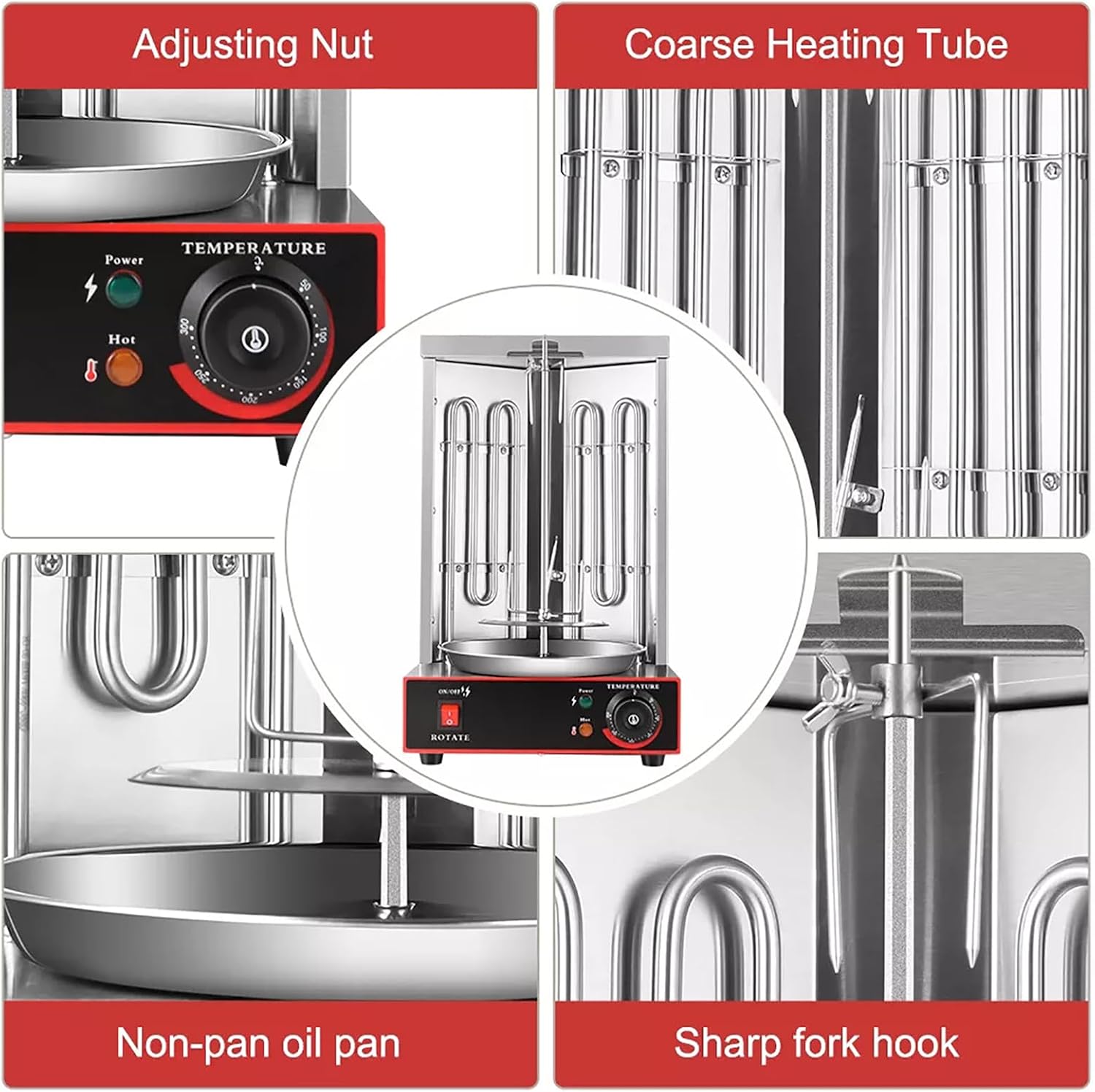 Electric Rotating Vertical Rotisserie Grill, 360 ° Rotating Rotisserie Grill with Meat Catch Pan, 50-300℃ Adjustable Temperature, for Restaurant Dinner Home Kitchen