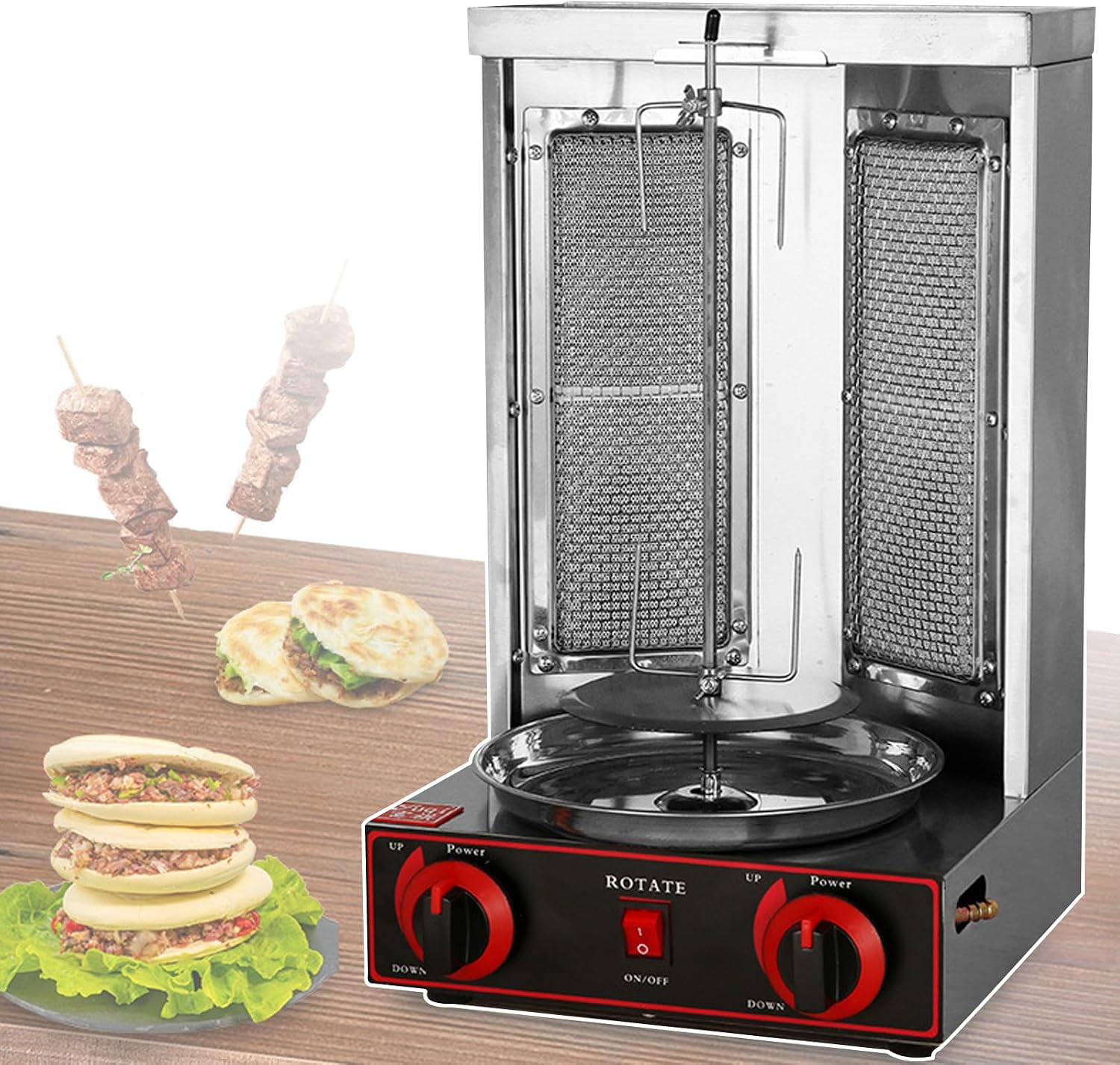 Vertical Commercial Shawarma Lpg/Gas Barbecue Grill, 360° Automatic Rotation, Double-Sided Barbecue Plate + Independent Oil Tray, Adjustable Height, Capacity 6kg/H, 60W