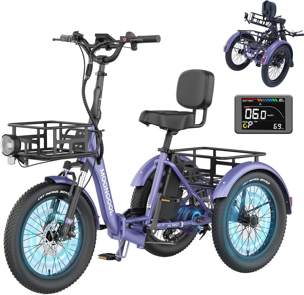 MOONCOOL Electric Trike for Adults, 500W/750W 48V Electric Tricycle for Adults, 20'x3.0' Fat Tire 3 Wheel Electric Bike, Folding Aluminum Adult Tricycle with Removable Battery