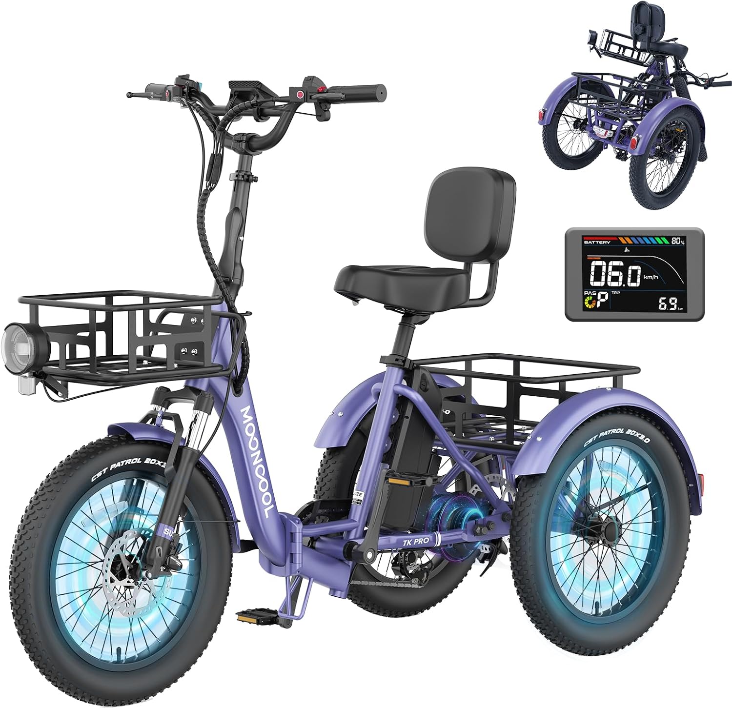 MOONCOOL Electric Trike for Adults, 500W/750W 48V Electric Tricycle for Adults, 20'x3.0' Fat Tire 3 Wheel Electric Bike, Folding Aluminum Adult Tricycle with Removable Battery
