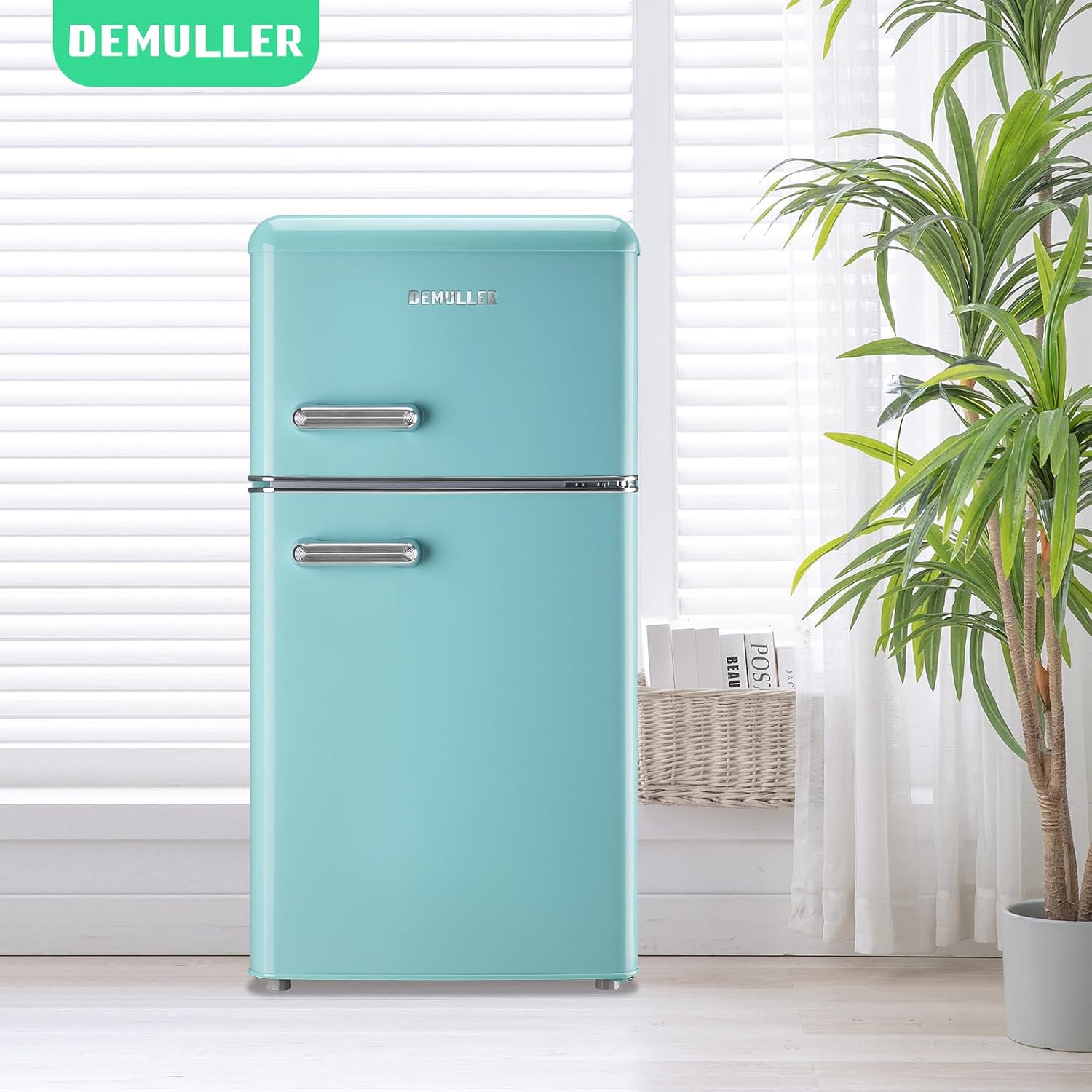 DEMULLER Retro 3.5 Cubic Feet Refrigerator with Top Freezer Two Doors & Two Handles Fridge with 7 Temperature Settings Spacous Capacity & Ideal Size Blue