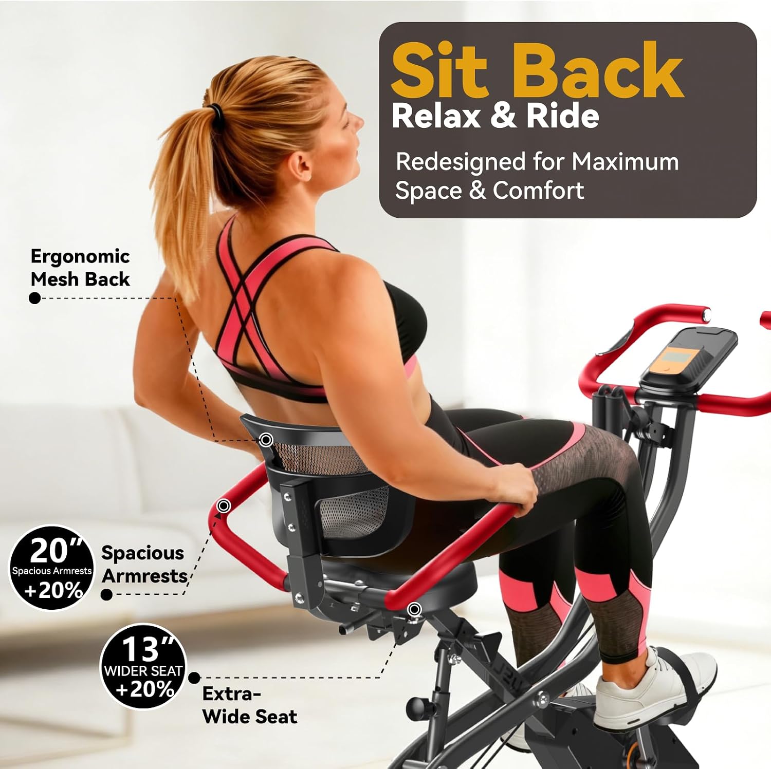USLIM Foldable Exercise Bike Stationary Bikes for Home, 5 IN 1 Indoor Workout Bike, Cycling Bike with 16-Level Quiet Magnetic Resistance, 6.6 LBS Flywheel and 300LBS Capacity for Senior and Home Workout