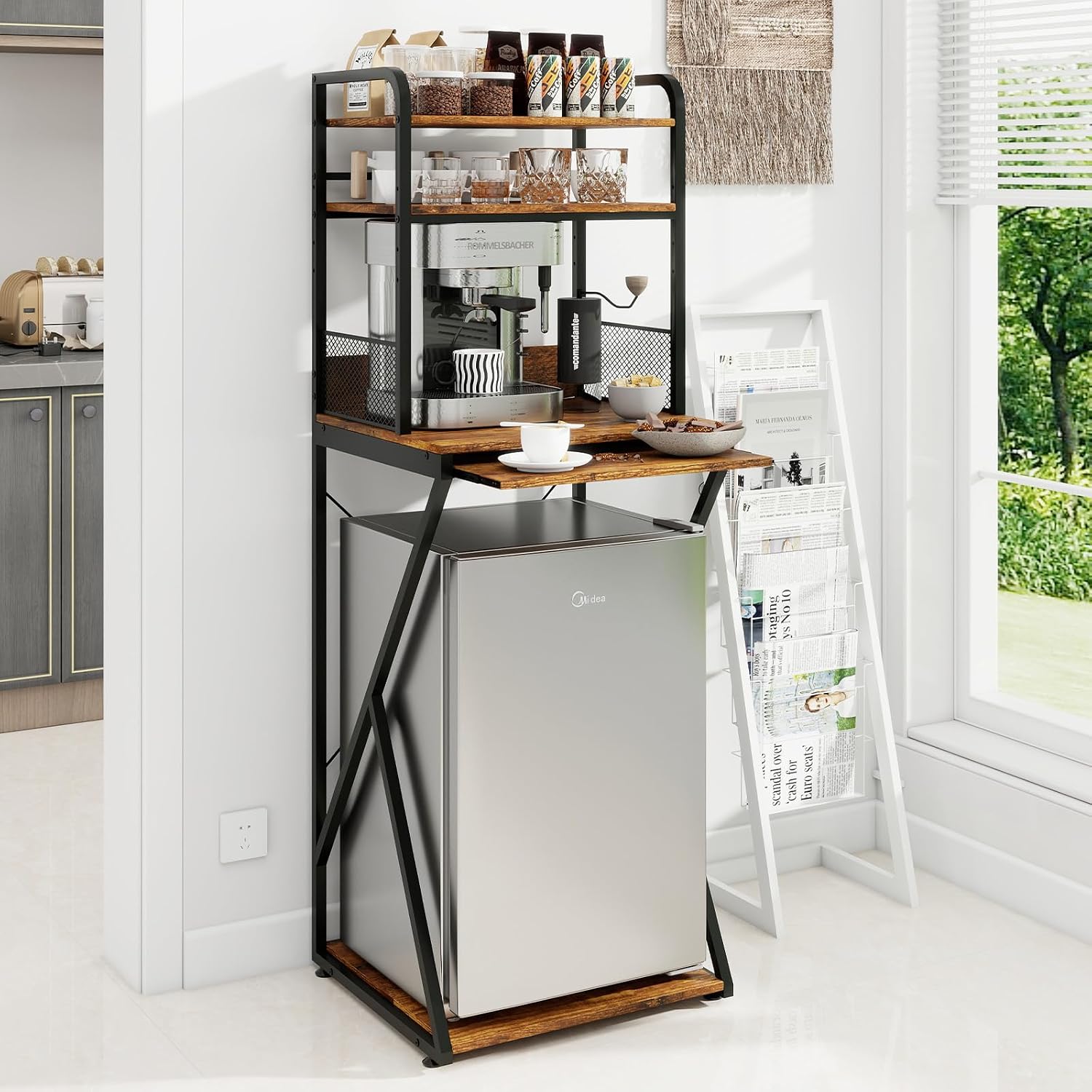 PUNCIA 4-Tier Mini Fridge Stand with Power Outlet & Storage, Coffee Bar Organizer, Refrigerator Cabinet & Microwave Shelf, Bakers Rack for Kitchen, Office, Dorm, Pantry, Apartment (Retro)