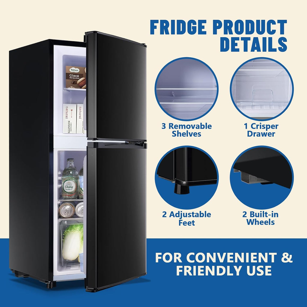 DEMULLER 3.88 CU.FT Capacity Refrigerator with Freezer Double Door Mini Fridge Small Refrigerator with 7 Adjustable Temp Control & 3 Glass Shelves for Kitchen Office Dorm Black