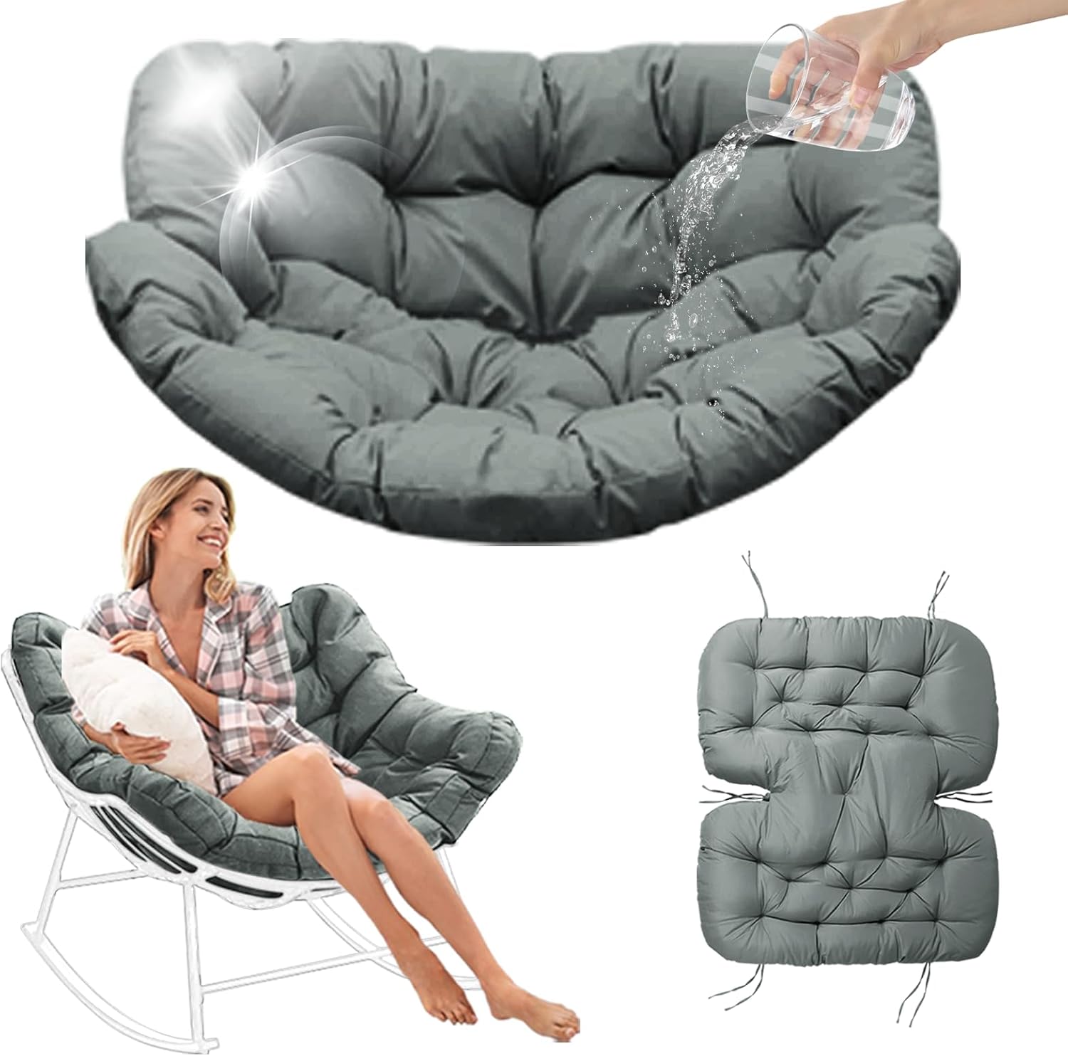 Outdoor Rocking Chair Cushions Replacement, 6''Thick Waterproof & Fade Resistant Papasan Chair Cushion with 6 Straps,Tufted Egg Chair Cushion for Indoor & Outdoor (Light Gray)