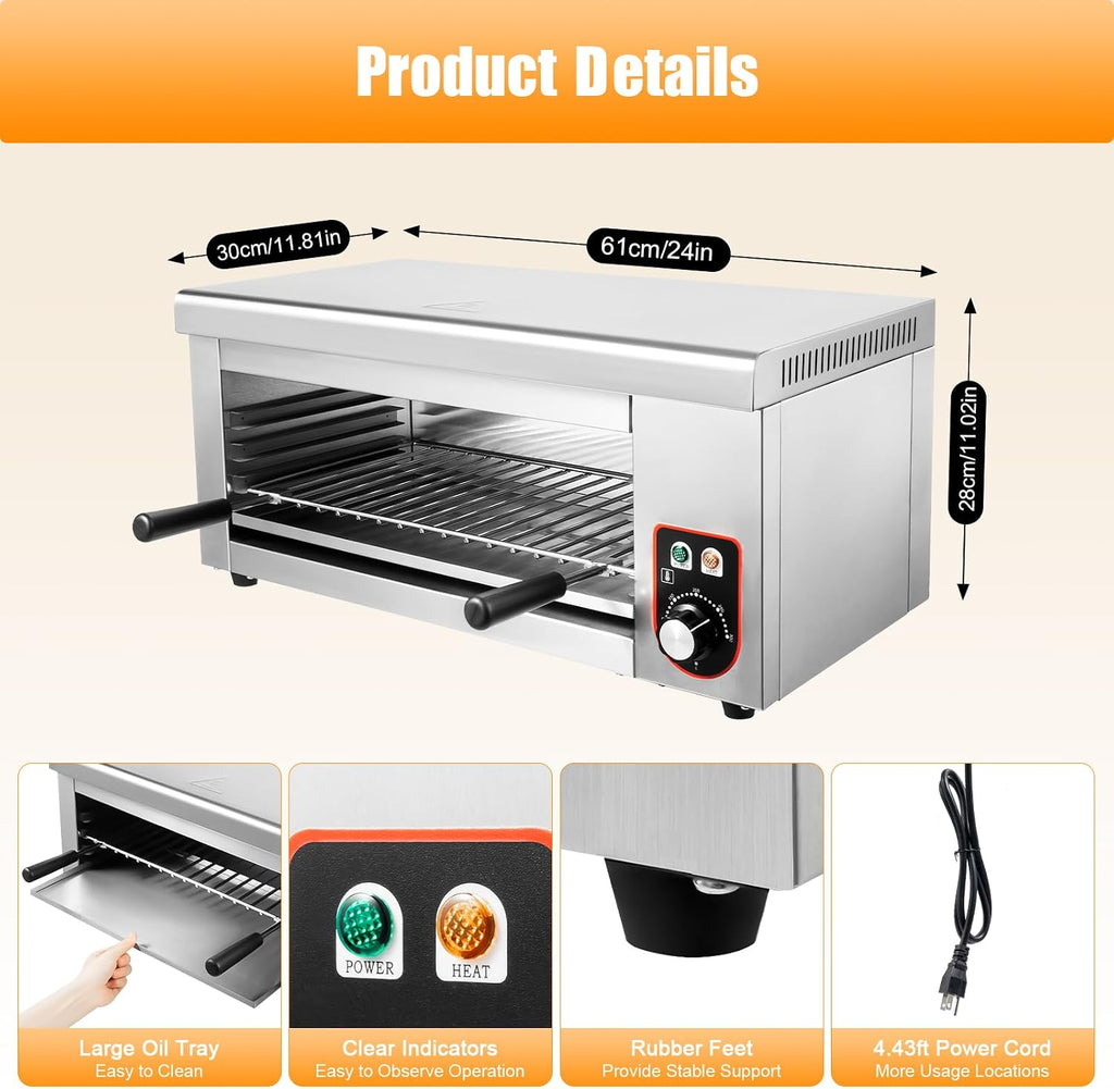 Commercial Salamander Broiler 1500W Electric Cheese Melter Grill BBQ Countertop Stainless Steel Cheese Melter Machine Cheese Melting 122-572°F for Melt Cheese, Toast Sandwiches, Grill Steaks