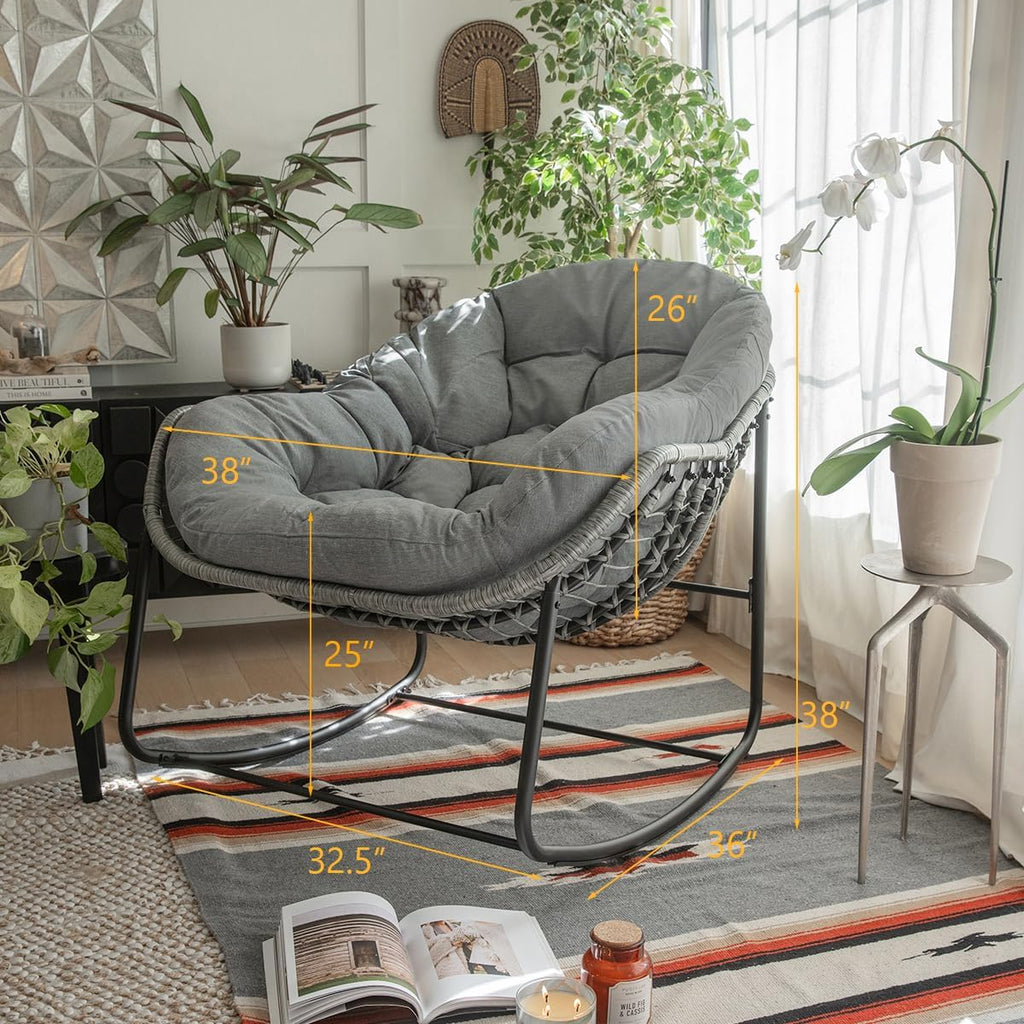 Barton Rocking Chair Outdoor Papasan Rocking Chair with Cushion Outdoor/Indoor Rocker Chair Patio Porch Garden Backyard, Grey
