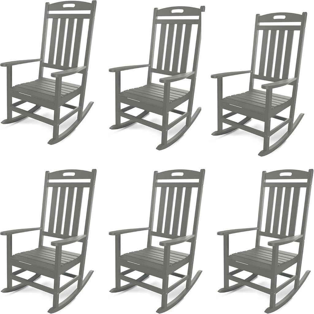 Outdoor Rocking Chair Set of 6, All-Weather Resistant Poly Lumber Rocker Chair Outdoor, High Back Plastic Patio Rocking Chairs for Outside Porch Rocker Garden Lawn, Slate Grey