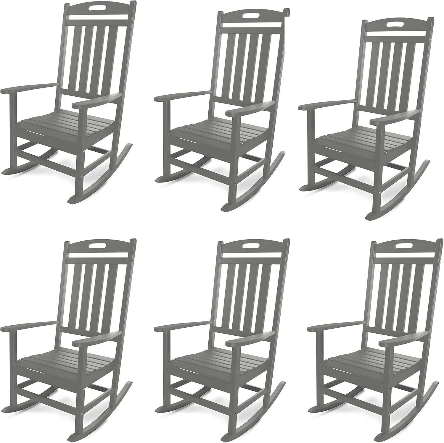 Outdoor Rocking Chair Set of 6, All-Weather Resistant Poly Lumber Rocker Chair Outdoor, High Back Plastic Patio Rocking Chairs for Outside Porch Rocker Garden Lawn, Slate Grey