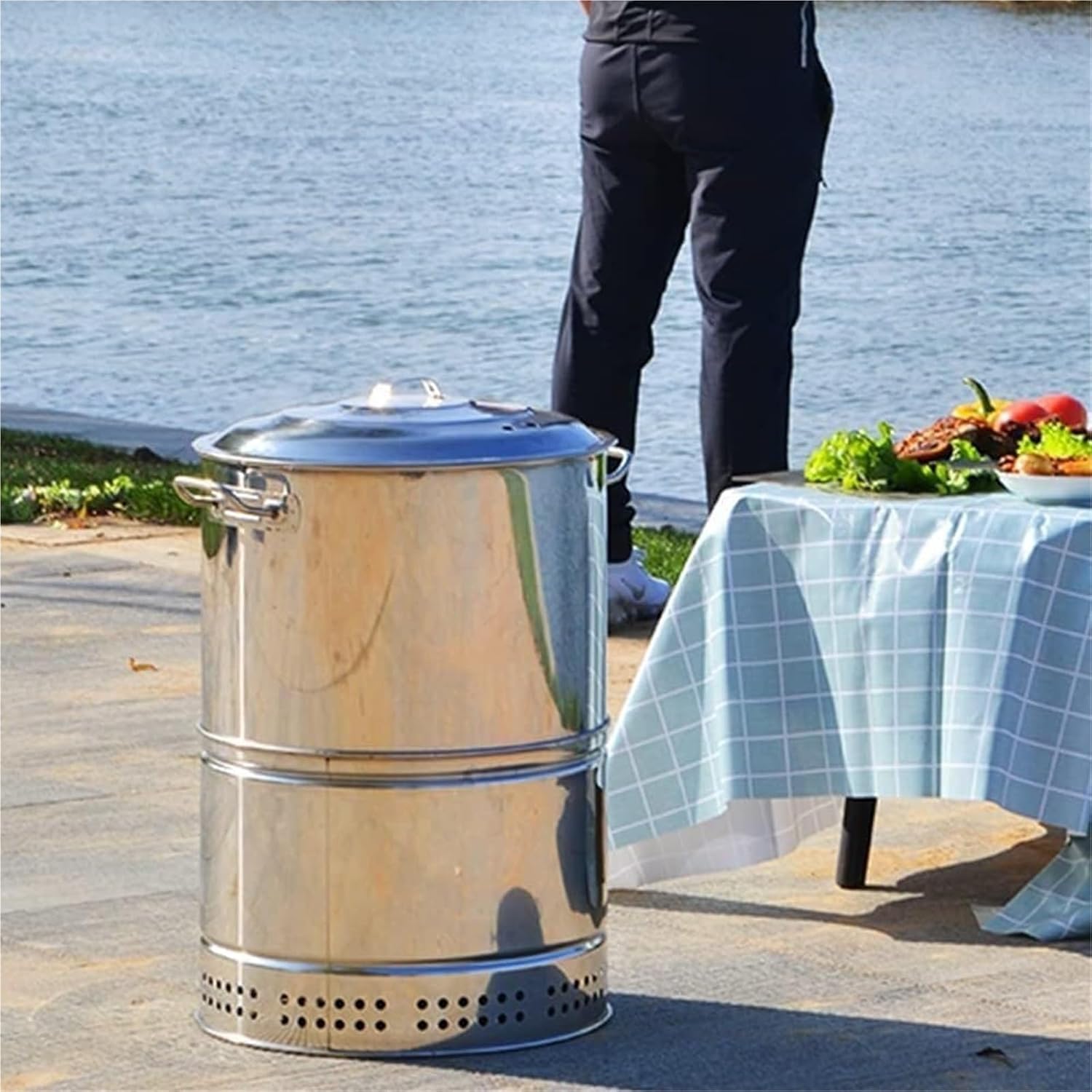 Portable Charcoal Barrel BBQ Grill 360°Rolling Grilling Basket Stainless Steel Hanging Stove for Outdoor Camping