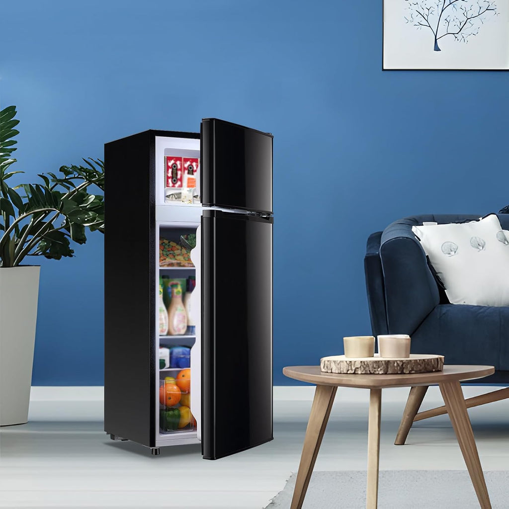 DEMULLER 4.5 CU.FT Capacity Compact Refrigerator with Freezer Double Door Mini Fridge Small Apartment Refrigerator with 7 Adjustable Temp Control & 3 Glass Shelves for Kitchen Office Dorm Black