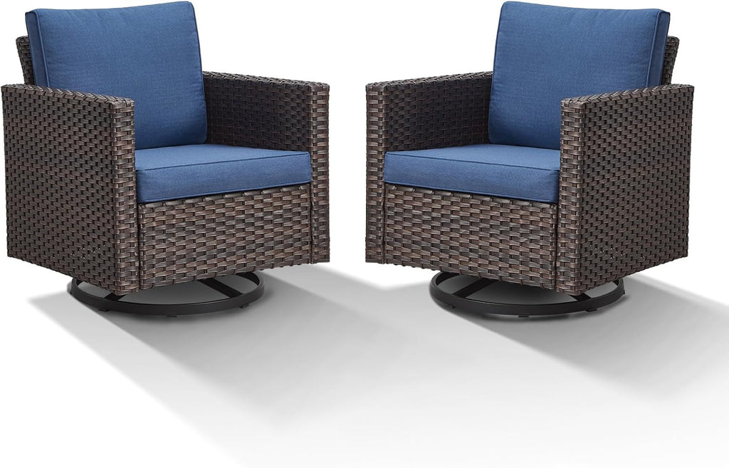 Patio Swivel Chairs,360 Degree Outdoor Swivel Glider Chair Set of 2 with High Back and Thickened Cushions for Deck Porch Garden Backyard-Brown/Blue